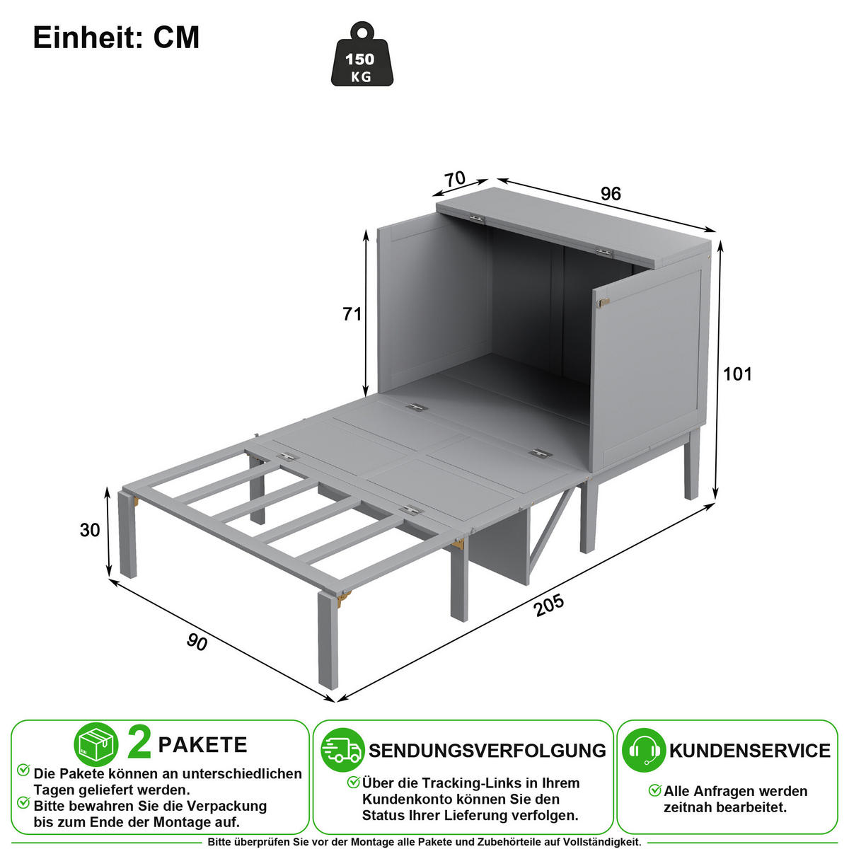 KLAPPBETT 90/200 cm in Grau mit Stauraum - Grau, Holz/Holzwerkstoff (90/200cm) - CHICFURN