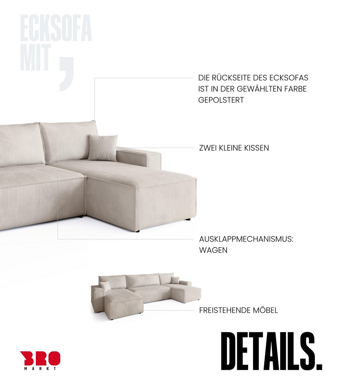 WOHNLANDSCHAFT ADI U mit Schlaffunktion Cordstoff Creme - Creme, Textil (312/85/143cm) - Bromarkt