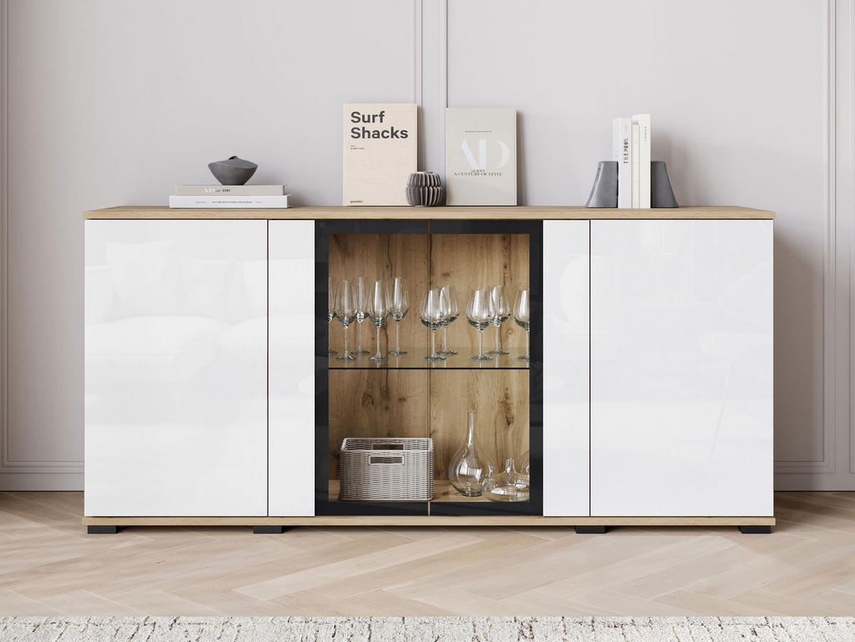 KOMMODE Caro SB 154 4D mit weißer LED Beleuchtung - Eiche Wotan/Schwarz, Holzwerkstoff/Kunststoff (150/70/40cm) - MIRJAN24