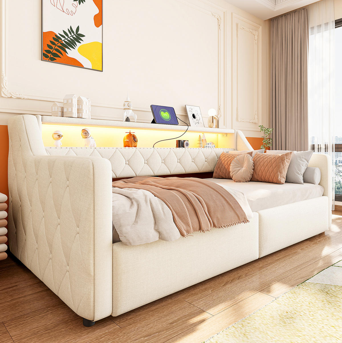 BETT 90/200 cm in Beige mit LED-Beleuchtung und hydraulischem Stauraum - Beige, Holzwerkstoff (90/200cm) - Flora Grace