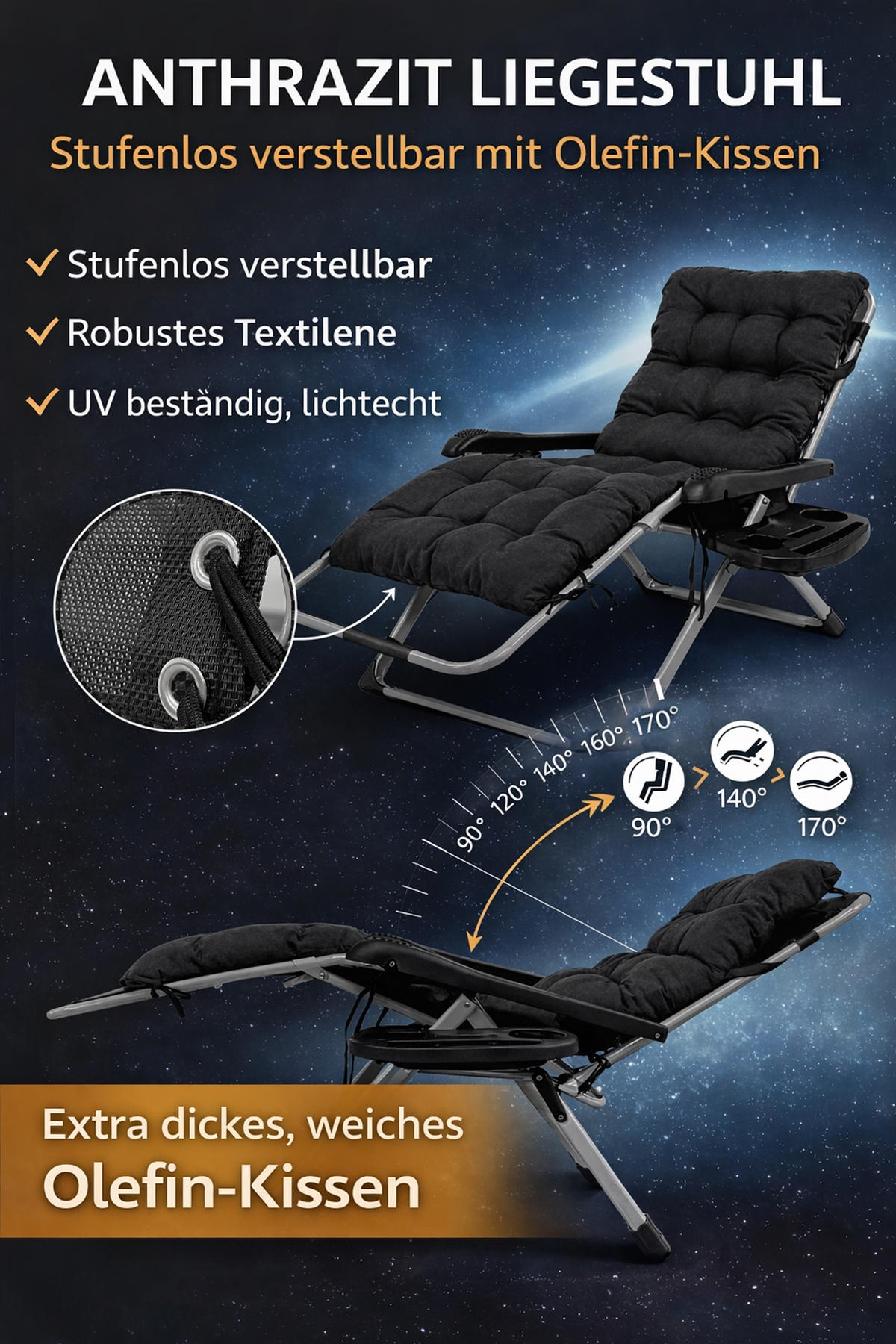 LIEGESTUHL mit extra dicker Auflage, Anthrazit - Anthrazit/Schwarz, Metall (73/110/81cm) - QUICK STAR