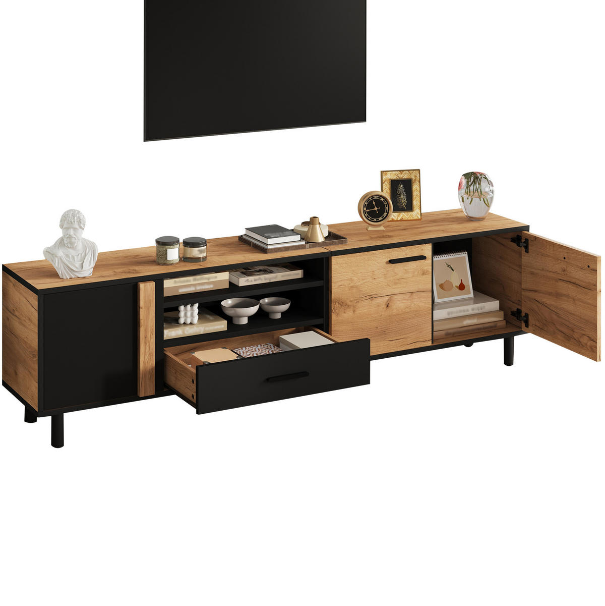 TV-LOWBOARD 180/32,5/50 cm mit 3 Türen, 1 Schublade und offenem Fach aus Spanplatte, Schwarz/Holzoptik - Schwarz, Holzwerkstoff (180/50/32.5cm) - Redom