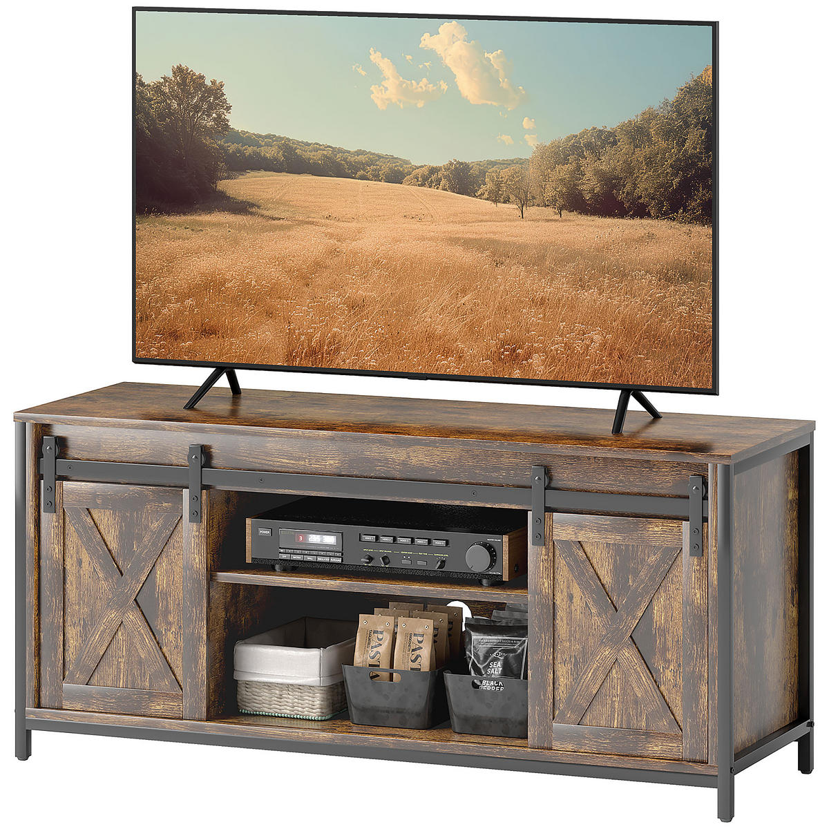 TV Lowboard, Industrial Design, für 60'' TVs, 6 Fächer, 2 Schiebetüren, Braun/Schwarz - Braun, Holzwerkstoff (120/54/40cm)