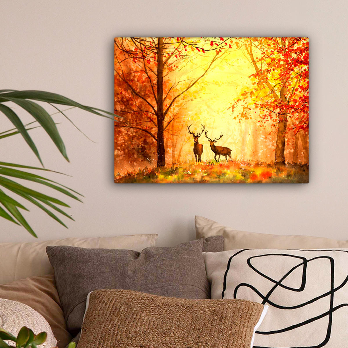 LEINWANDBILD Natur - Ölfarbe - Hirsche - Tiere - Herbst - Orange 40x30 cm - Orange, Textil (40/30cm) - MuchoWow