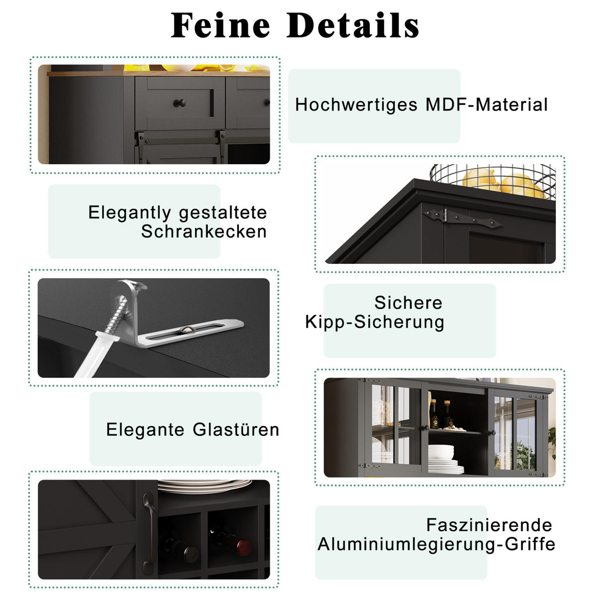 BUFFET 105/38,4/180 cm schwarz aus MDF mit LED-Beleuchtung - Schwarz, Holzwerkstoff (105/180/38.4cm) - OKWISH
