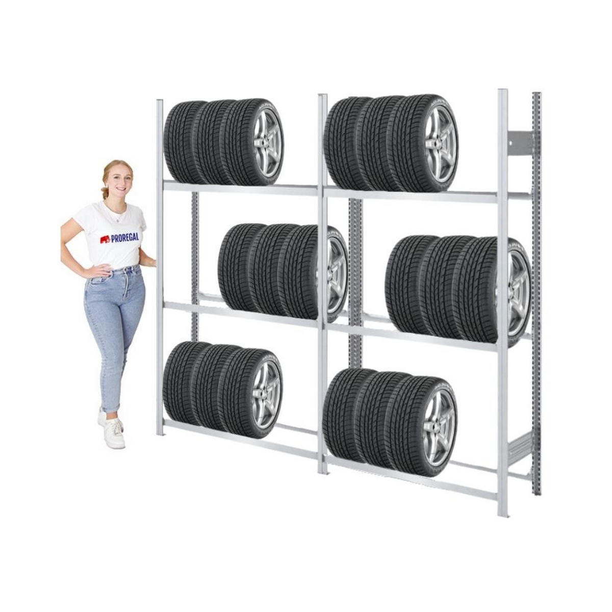 REIFENREGAL TIRE PRO 2er-Set für insgesamt 36 Reifen 3 Ebenen 150kg Fachlast pro Ebene Verzinkt - Silberfarben, Metall (300/200/43cm) - PROREGAL