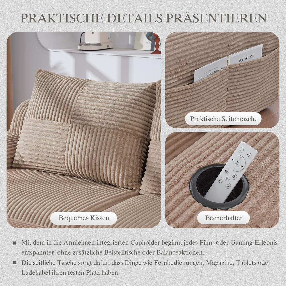 4-SITZER Wohnlandschaft Cord mit Getränkehalter und Seitentasche 333/174/80 cm Sandfarben - Sandfarben, Textil (174/80/333cm) - Redom