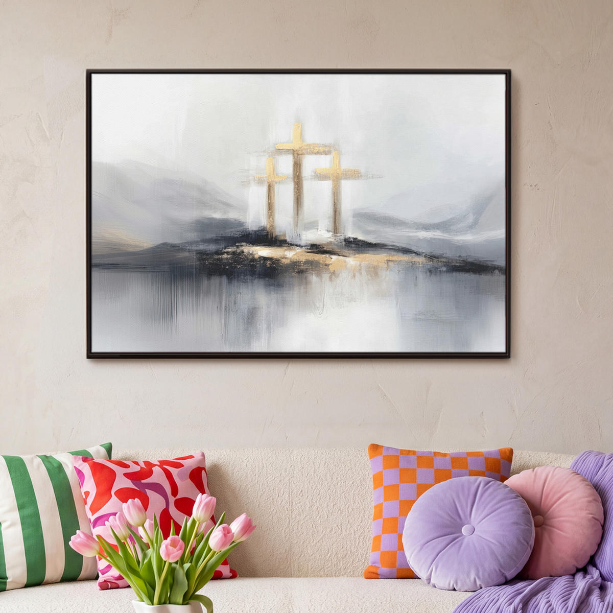 LEINWAND Bilder mit Rahmen - Abstrakt - Malerei - Christentum - Kreuz - 90x60 - Weiß, Textil (90/60cm) - MuchoWow