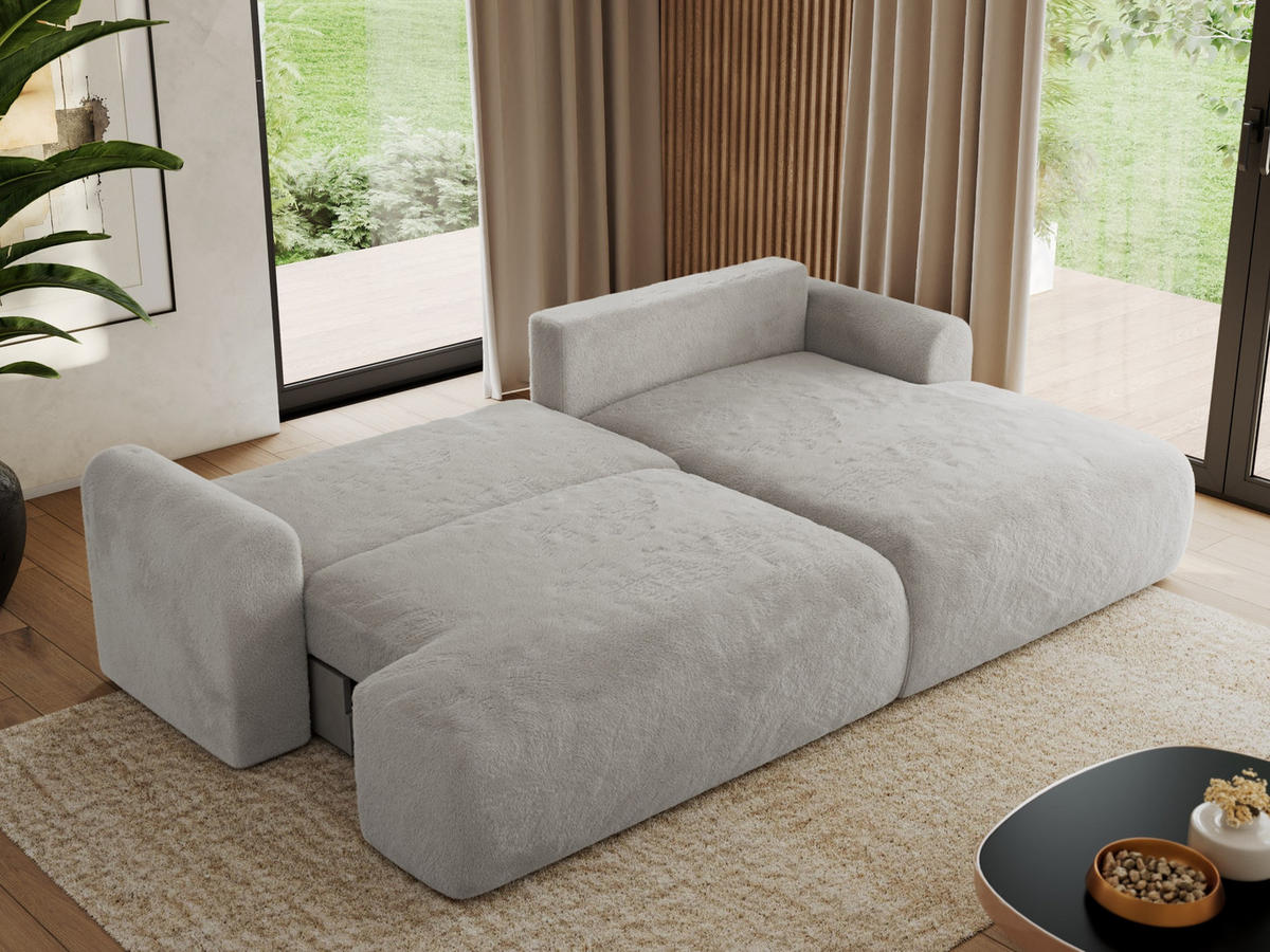 ECKSCHLAFSOFA TONO L Hellgrau Plüsch - rechts - Hellgrau/Schwarz, Kunststoff/Textil (150/260cm) - MKS