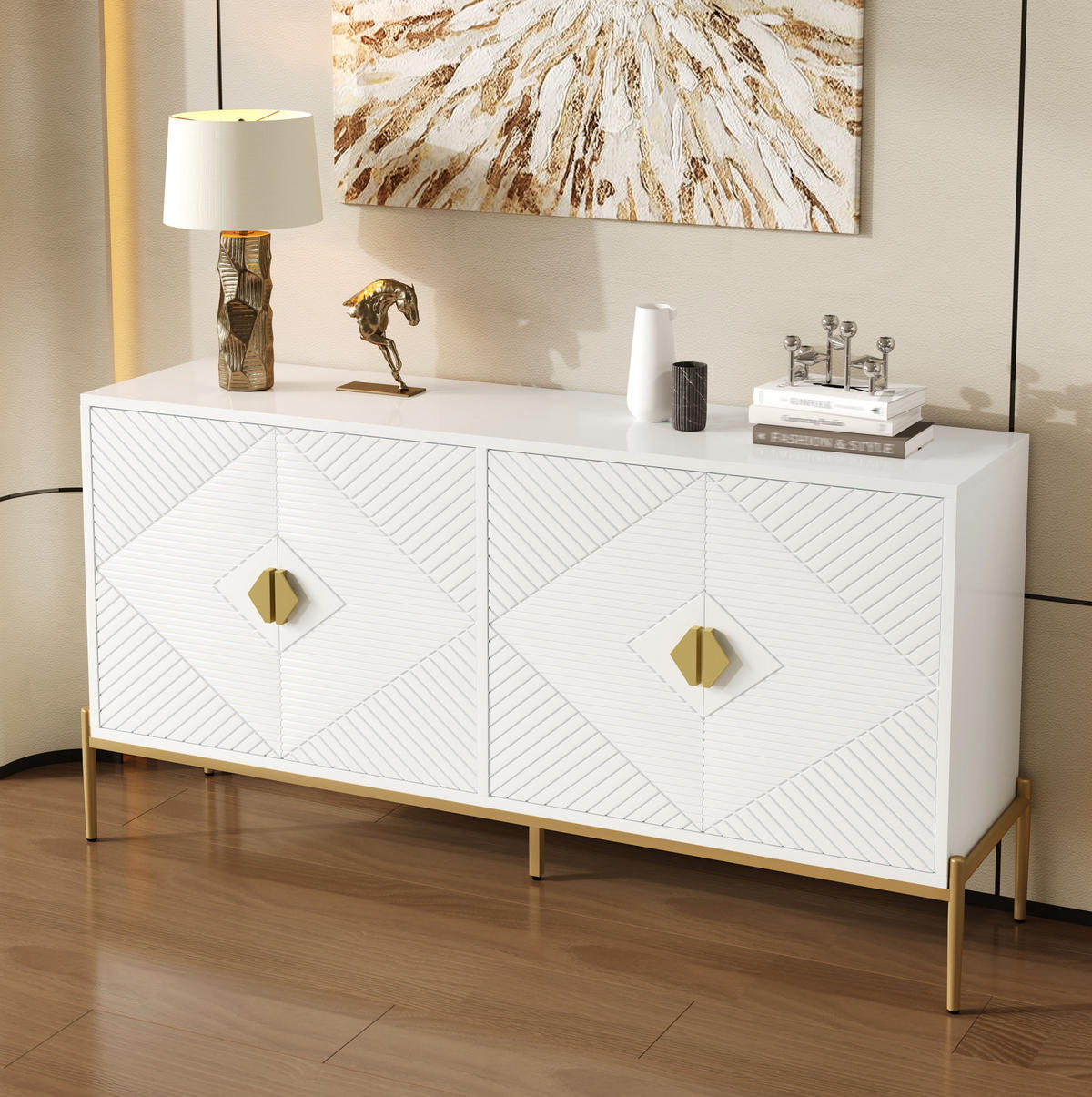 SIDEBOARD 162/40/80 cm, 4 Türen, Weiß mit geometrischem 3D-Muster, goldene Griffe und Metallbeine, Weiß - Weiß, Holzwerkstoff (162/80/40cm) - Redom