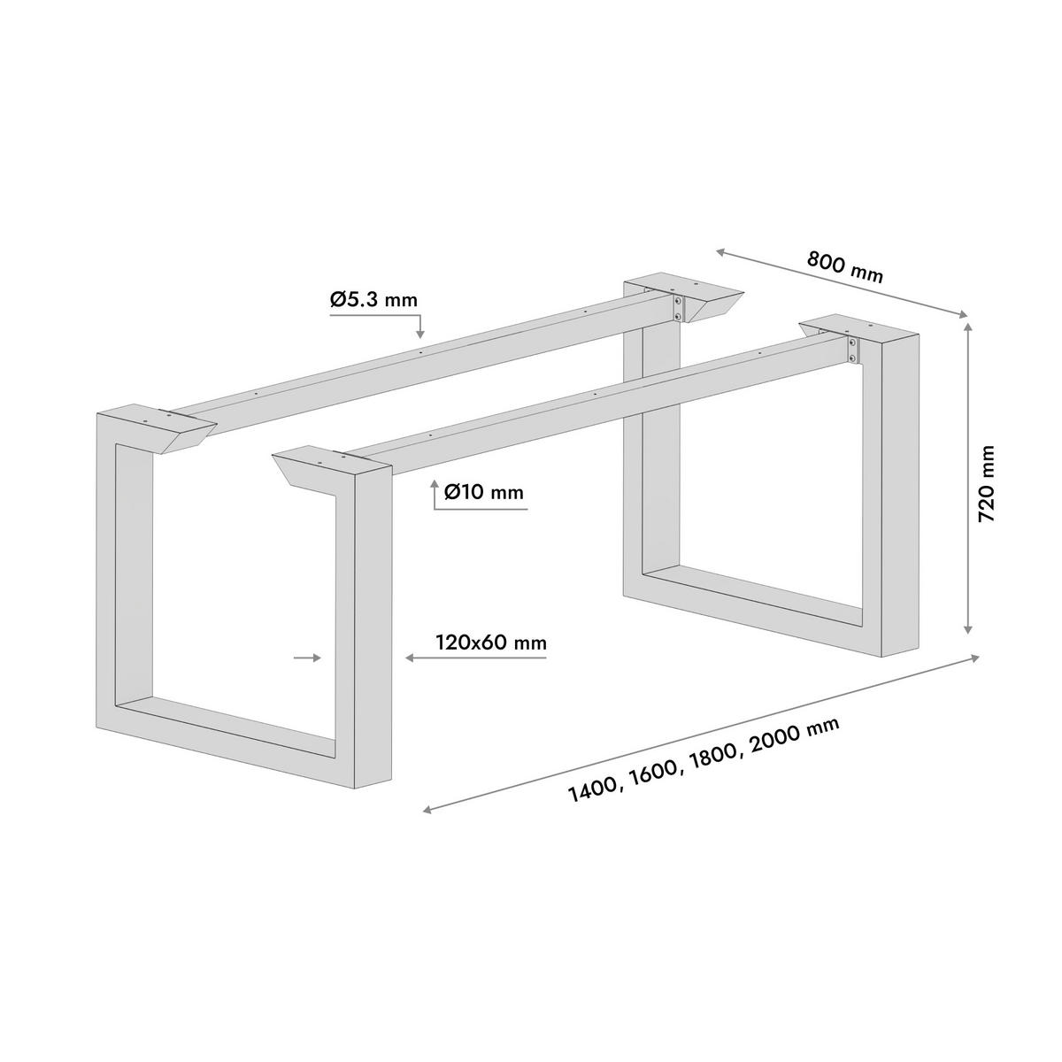 TISCHBEINE Eta Epox Extreme Metall Schwarz 200/80/72 cm - Schwarz, Metall (80/72/200cm) - Metalo Pro