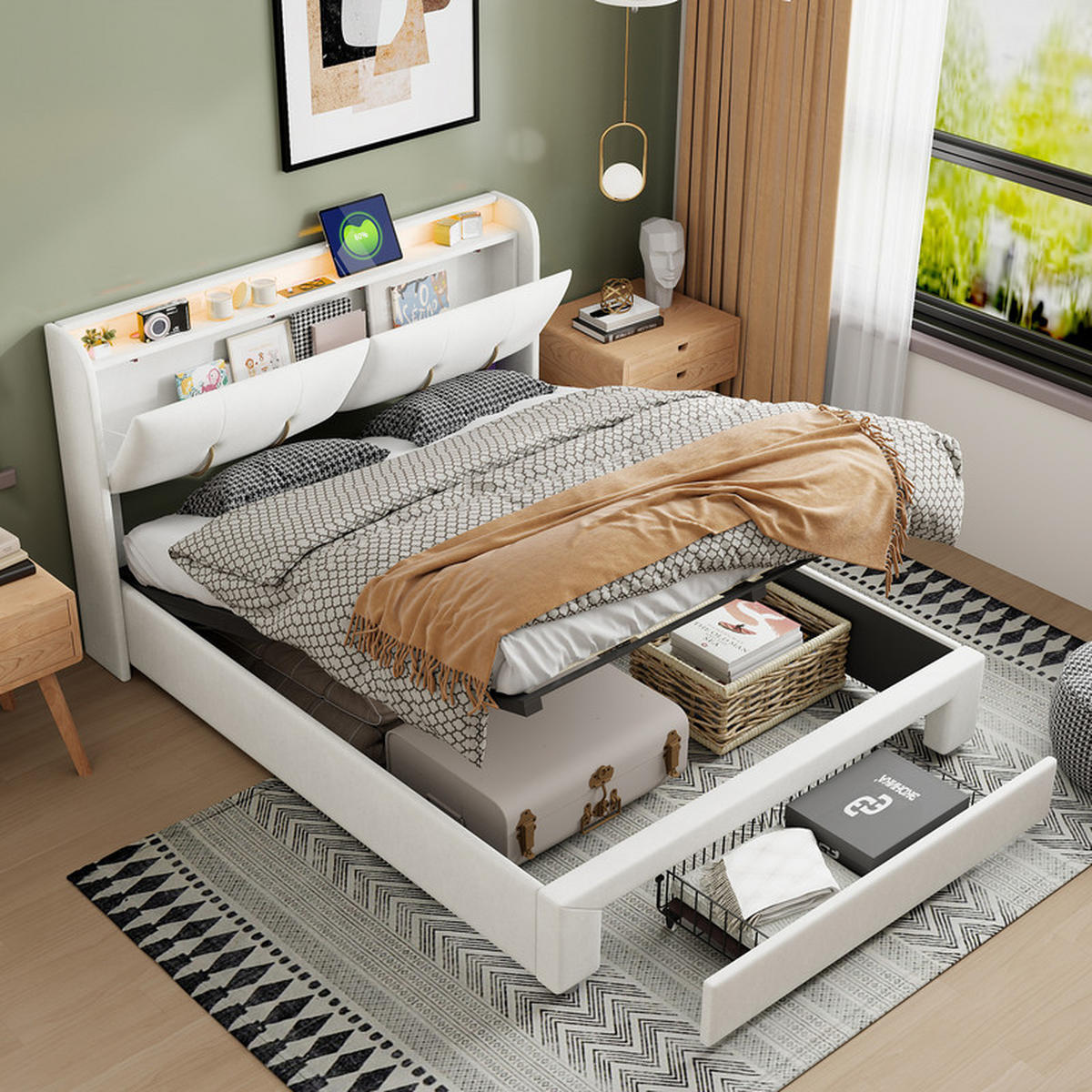 POLSTERBETT 160x200cm, Beige, Samt, mit LED-Lichtleiste und USB-Ladeanschluss, Schubladen, ohne Matratze - Beige, Holz (160/200cm) - WoodenAura