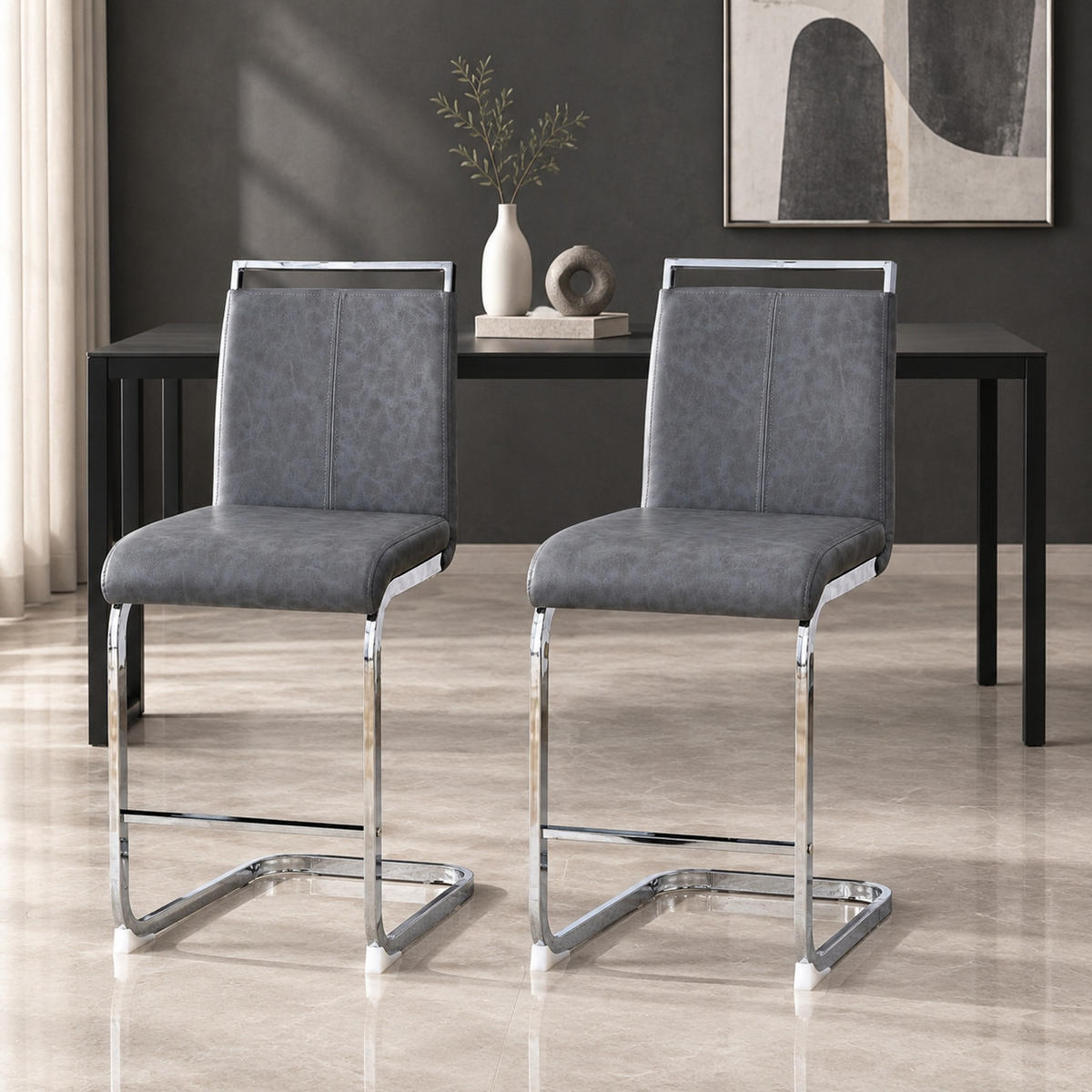 BARHOCKER 2er-Set 96,5 cm Dunkelgrau mit PU-Bezug - Dunkelgrau, Metall (46.5/96.5/38.9cm) - MIVRAY