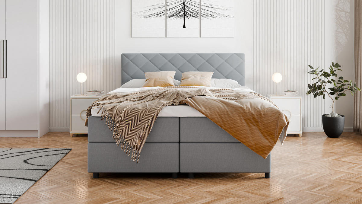 BOXBETT Diamaro 160x200 cm mit Bettkasten und Topper - Hellgrau - Hellgrau, Holz (160/200cm) - Panda Möbel