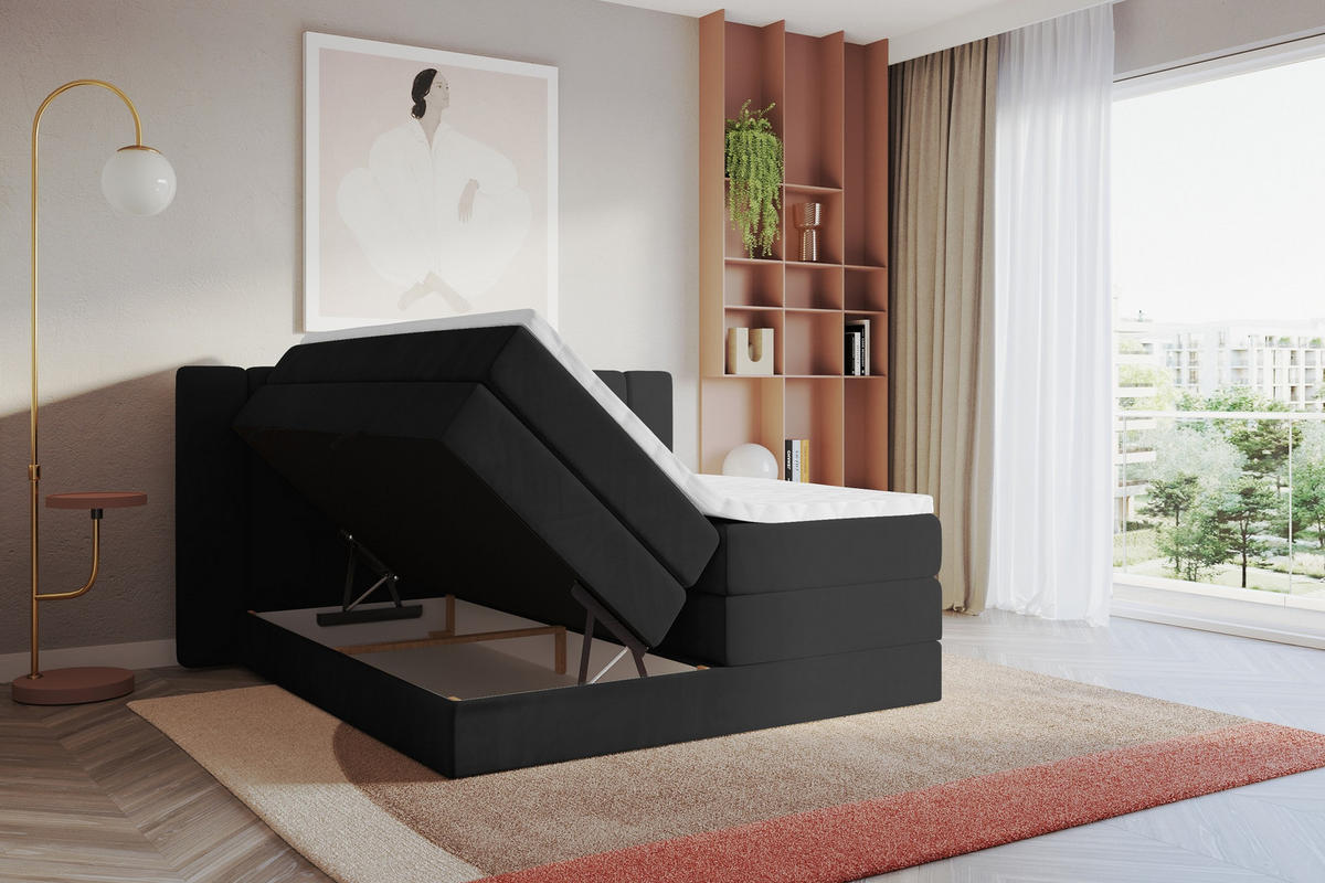 BOXSPRINGBETT mit Matratze H3/H4 - EVON KING - 140x200 cm Schwarz - Schwarz, Holzwerkstoff (140/200cm) - ALTDECOR