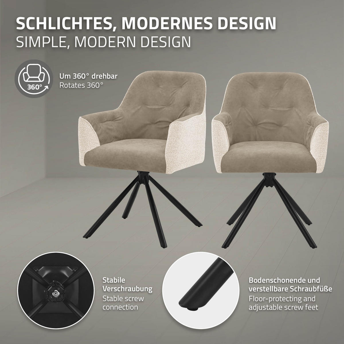 ESSZIMMERSTÜHLE 2er Set drehbar Küchenstühle gepolstert aus Webstoff-Kunstleder Beige - Beige/Schwarz, Textil/Metall (62/87/65cm) - ML-DESIGN