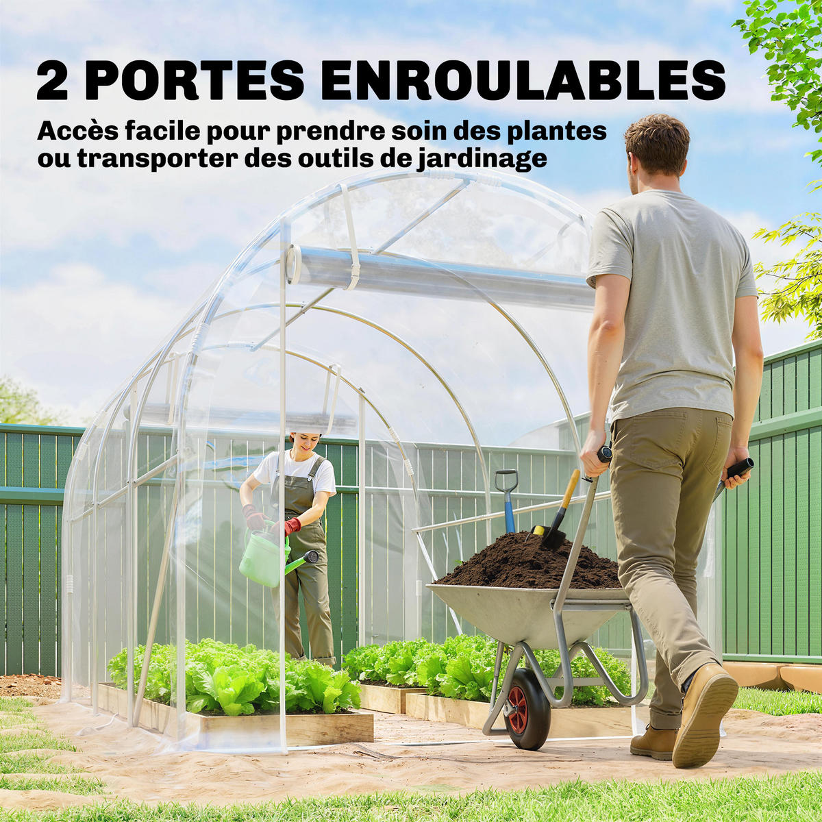 GEWÄCHSHAUS DE-12062 mit 2 Rolltüren & PE-Bache 150 g/m² Transparent - Transparent, Metall (195/195/295cm) - ComfortXL