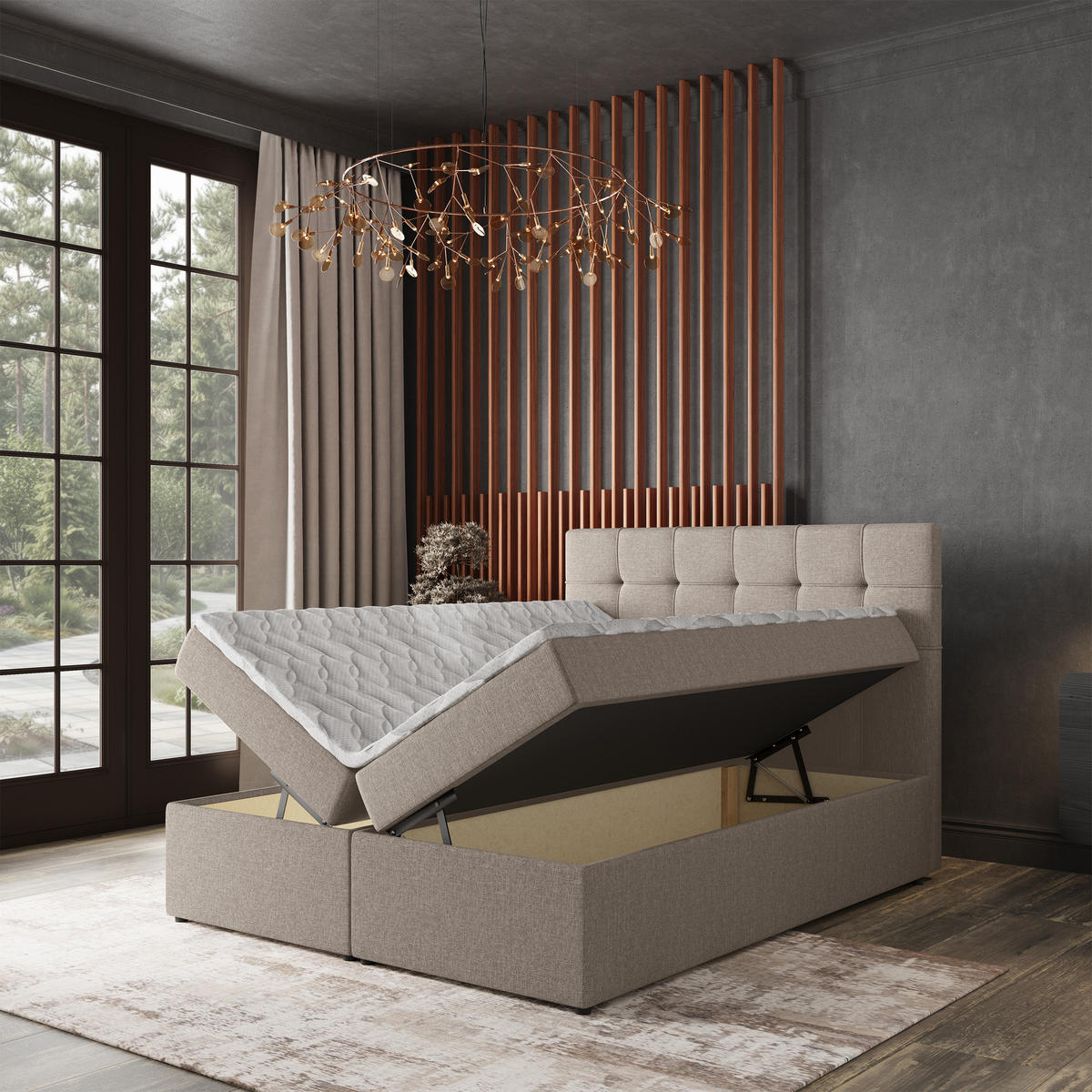 BOXBETT PALMA 140x200 cm mit Matratze und Topper - Beige - Beige, Holz (140/200cm) - MASSENO