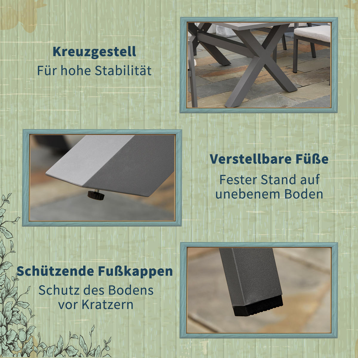 GARTENMÖBEL-SET Sitzgruppe 1 Tisch+6 Stühle mit Auflagen Wetterfest Alu Schwarz+Grau - Grau, Holz/Kunststoff - Outsunny