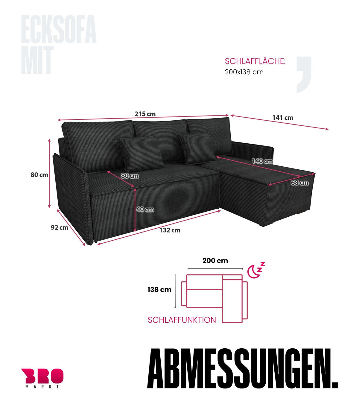 ECKSOFA Atlantic mit Schlaffunktion Schwarz Cord - Schwarz, Textil (238/141cm) - Bromarkt