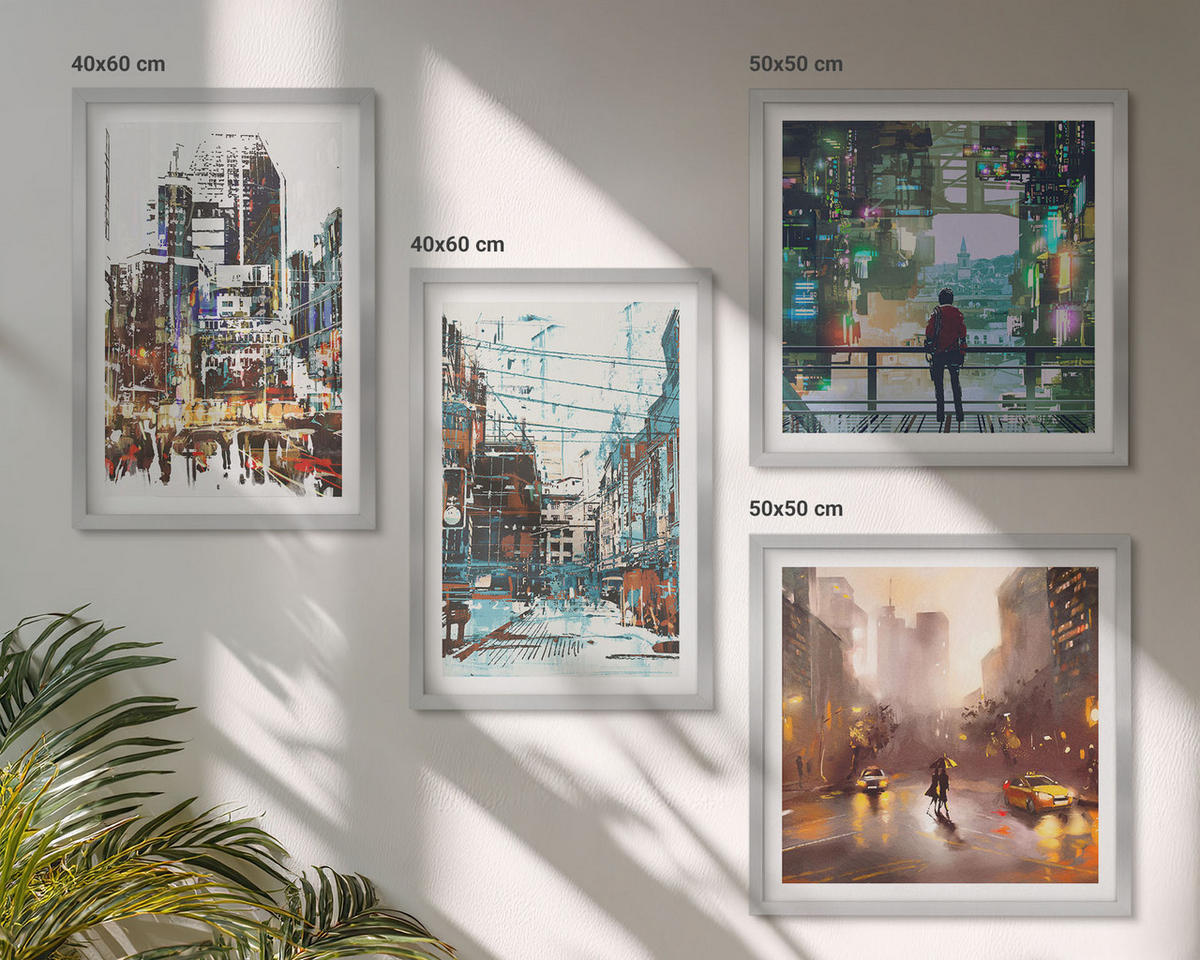 WANDBILDER 4er Set - 50x50 cm & 40x60 cm Silberner Rahmen - Moderne, farbenfrohe Städte mit Charakteren - Silberfarben, Kunststoff (50/50cm) - ArtPrintCave