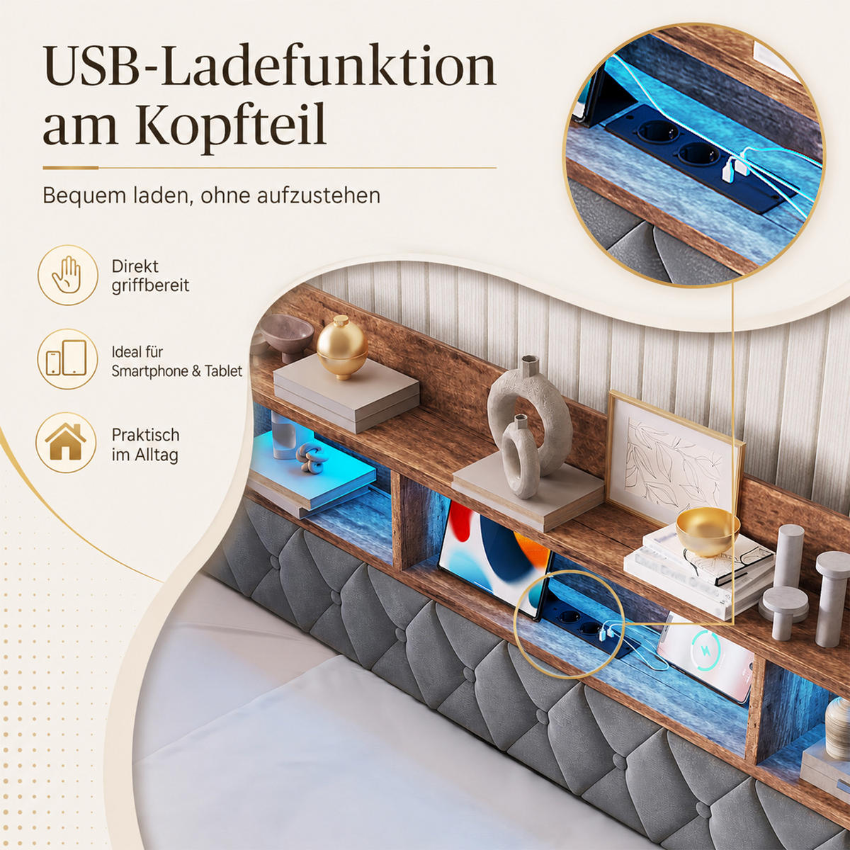 TAGESBETT 90/190 mit Schubladen & Regal, USB-C Ladeanschlüsse/LED, Samt, Dunkelgrau - Dunkelgrau, Holz (90/190cm) - LVHOM