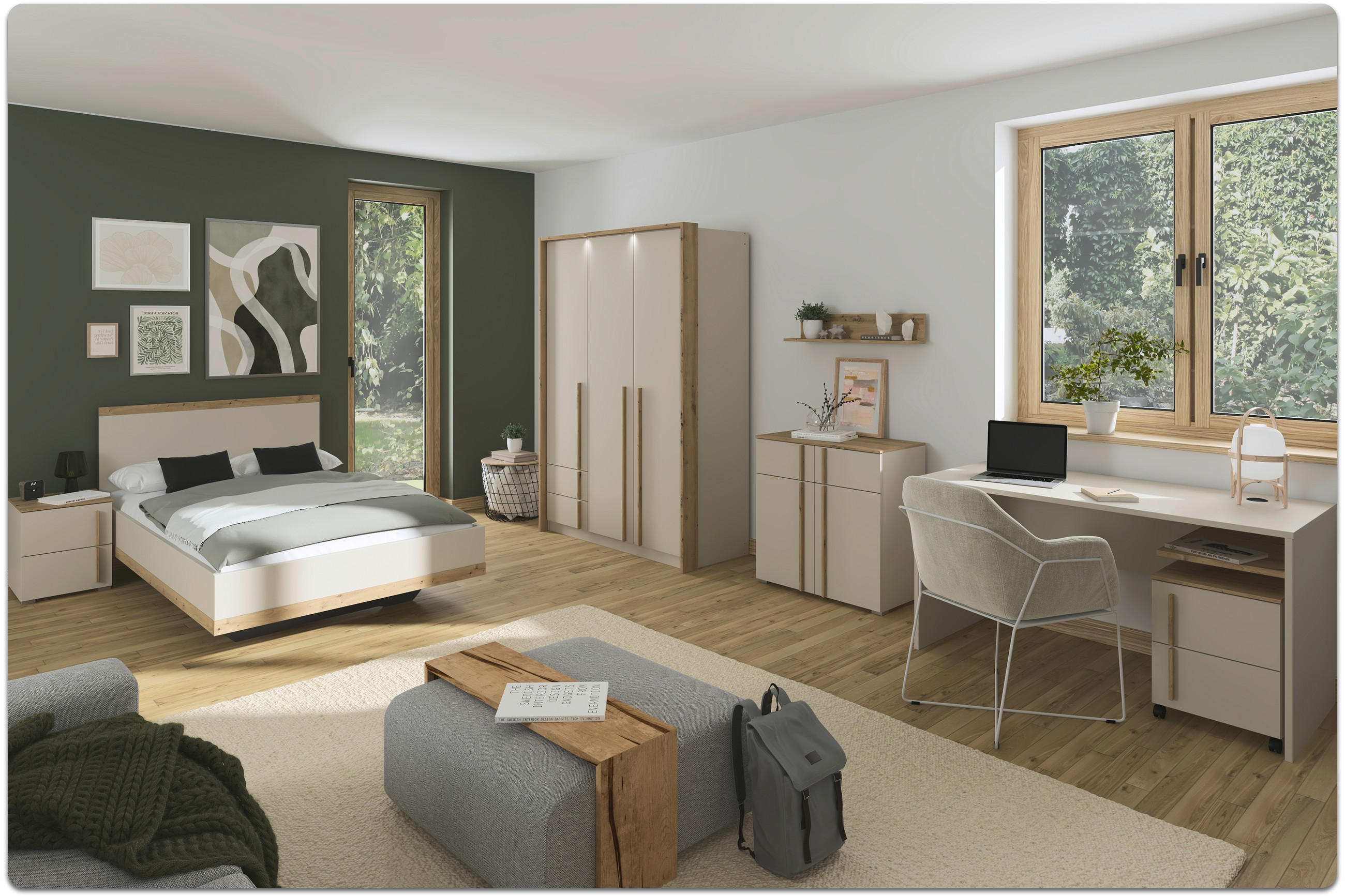 Schlafzimmer mit Doppelbett, Kleiderschrank, Schreibtisch mit Stuhl und großen Fenstern mit Blick ins Grüne.