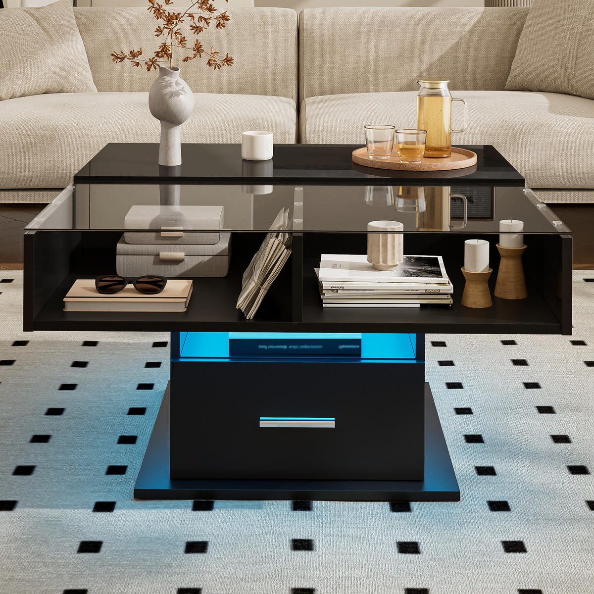 COUCHTISCH Liftfunktion LED höhenverstellbar - Schwarz, Holzwerkstoff (78/78/45cm) - LEBENLANG