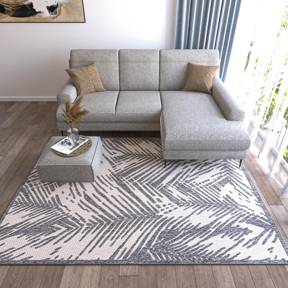 TEPPICH Beige In-Outdoor - Kurzflor Rechteckig, Motiv Pflanzen, Blätter, Blumen - 160 x 230 cm - Beige/Hellgrau, Textil (160/230cm) - Mazovia