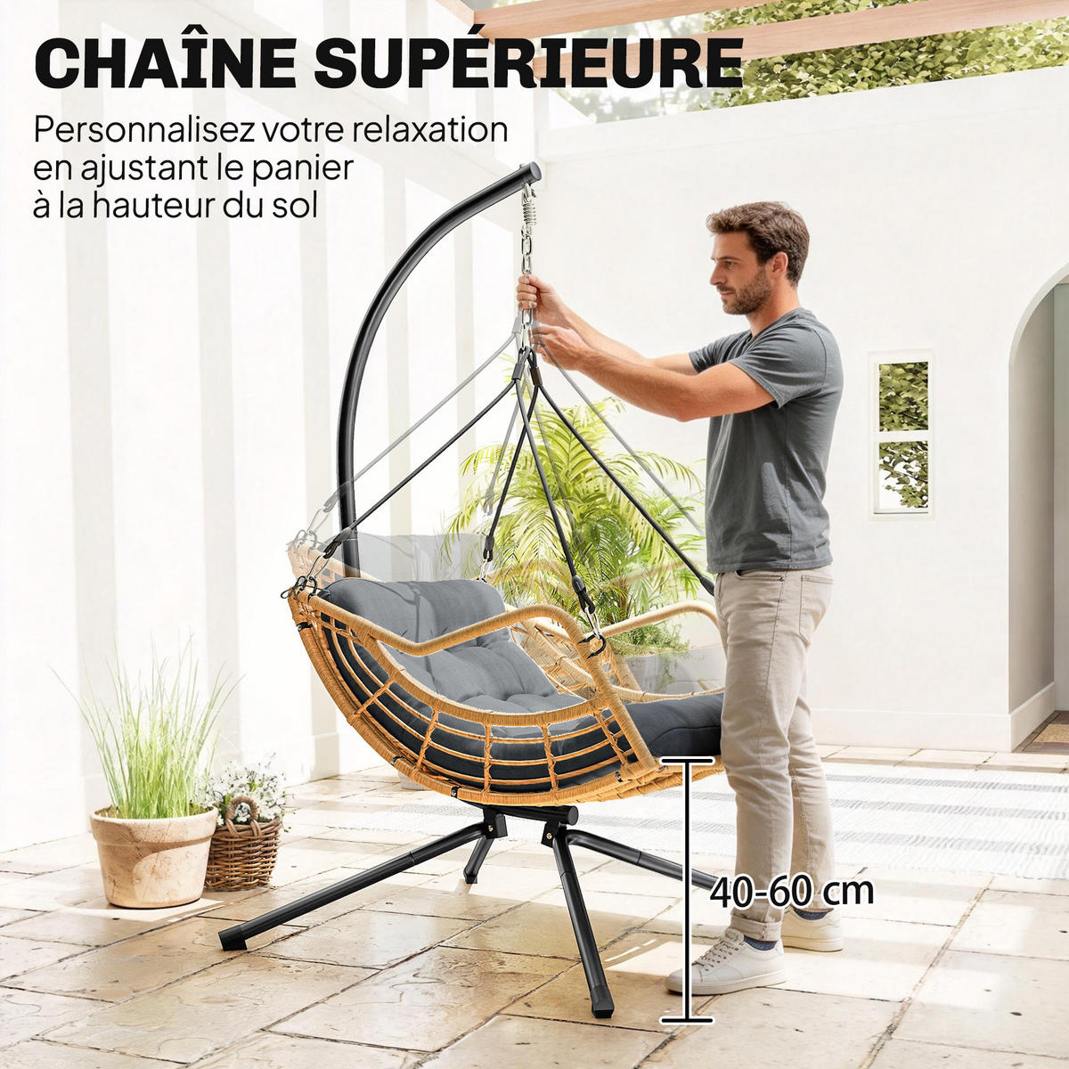 HÄNGESESSEL mit Gestell DE-13714 höhenverstellbar Grau - Dunkelgrau, Metall (100/192/118cm) - ComfortXL