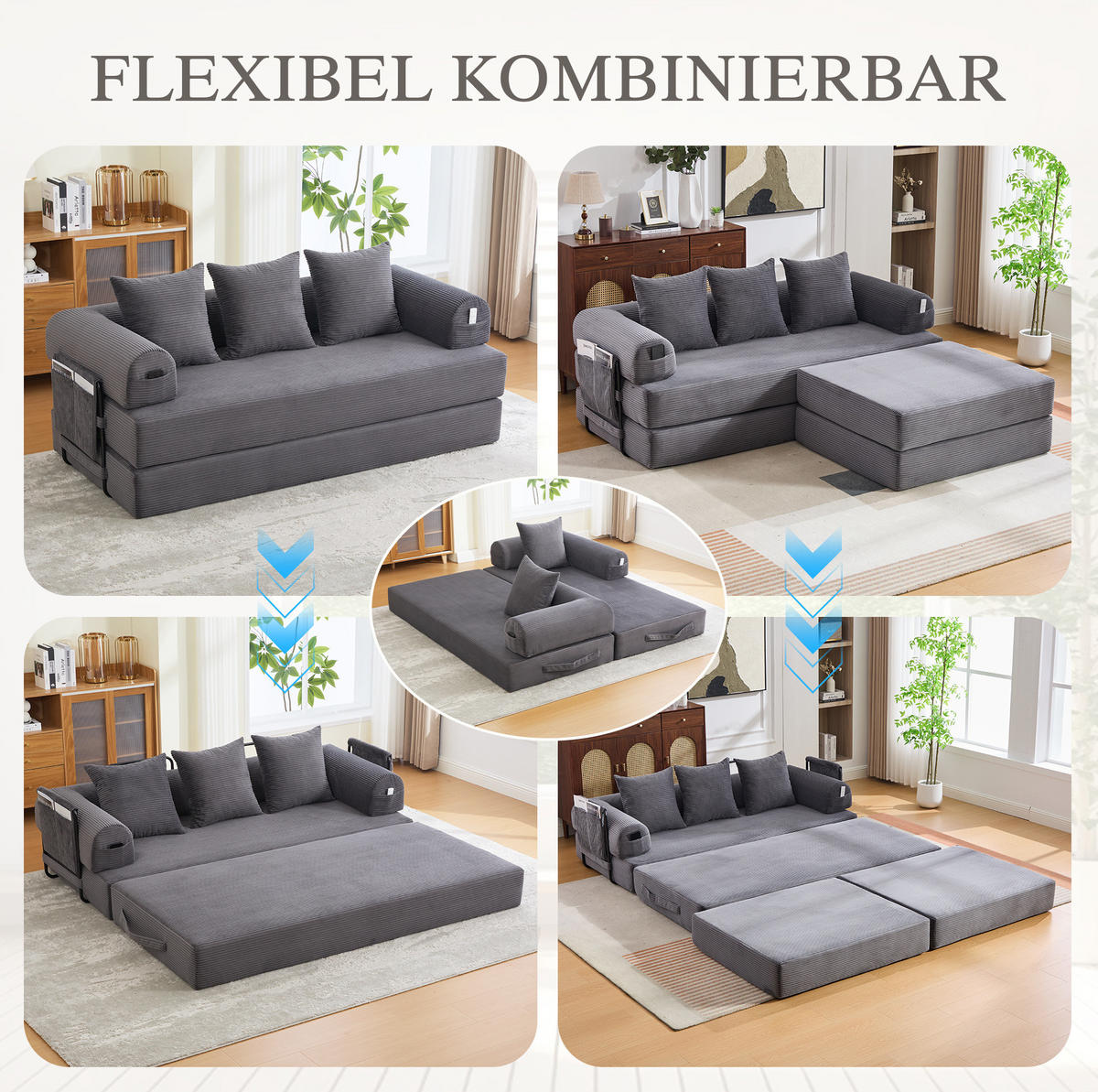 ECKSOFA aus Cord 200x190x67 cm Dunkelgrau mit Hocker, Seitentasche und 3 Kissen - Dunkelgrau, Textil (200/190cm) - Modfu