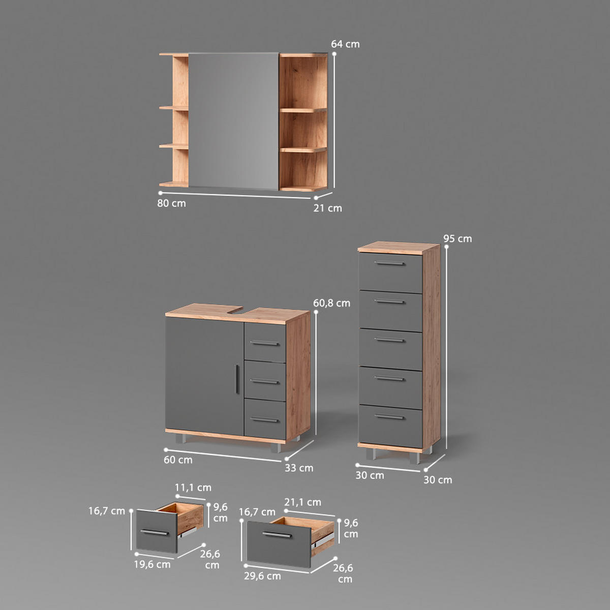 BADMÖBEL-SET Eisak Eiche 3 Teile, mit Midischrank - Eichefarben/Anthrazit, Holzwerkstoff (60/60/33cm) - Livinity®