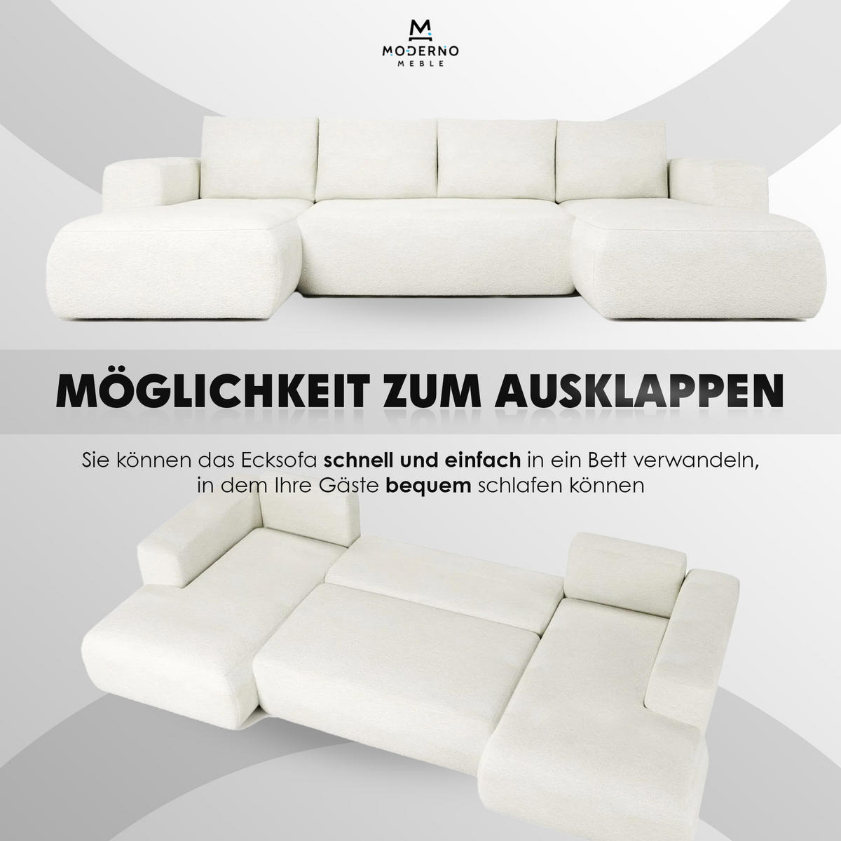 ECKSOFA LAMBI U, Wohnlandschaft U Form mit +3 Sitzen, Creme - Lambi 01 - Creme, Textil (340/89/114cm) - Moderno Meble