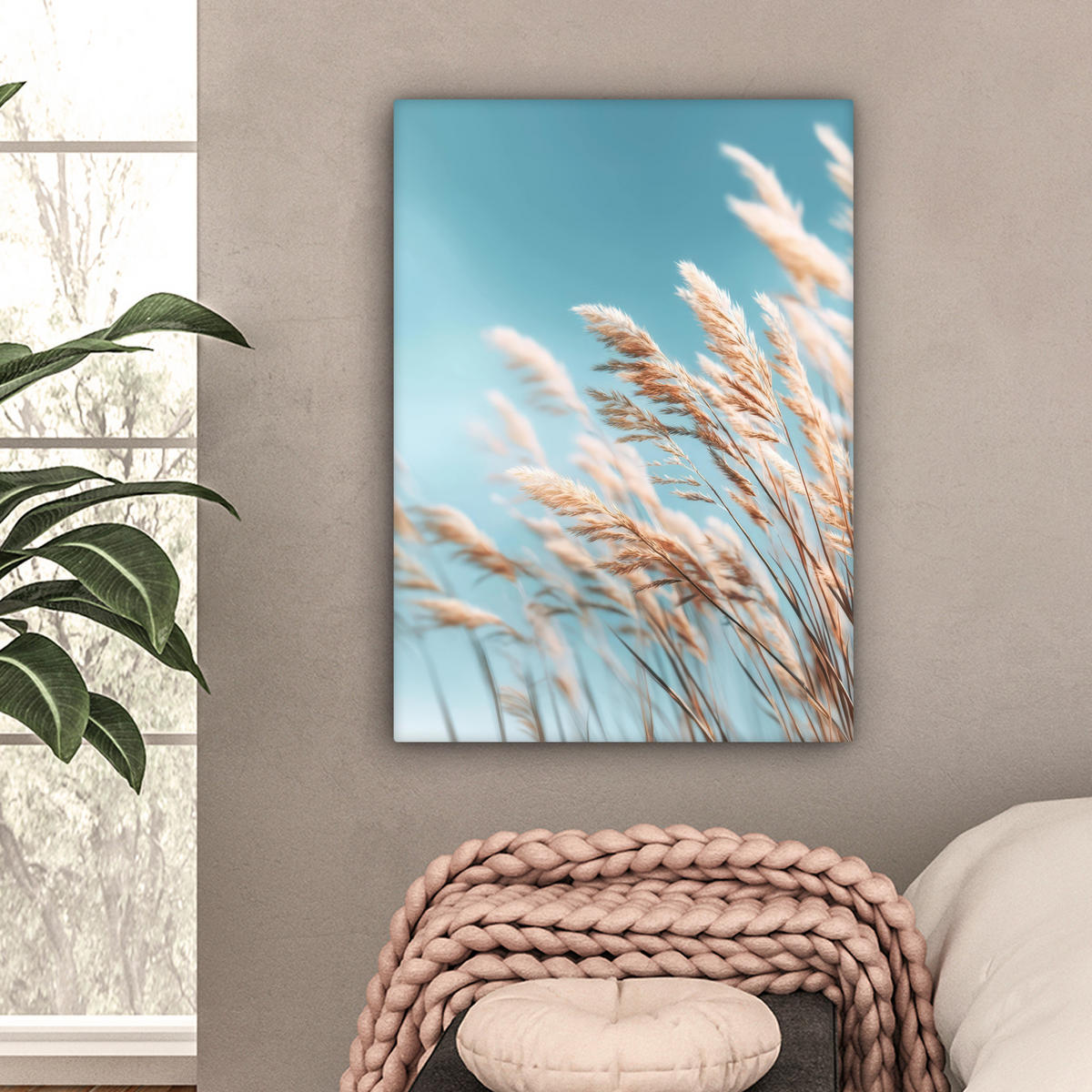 LEINWANDBILD Ziergras - Wind - Hellbraun Wandbild Wohnzimmer 60x80 cm - Hellblau, Textil (60/80cm) - MuchoWow