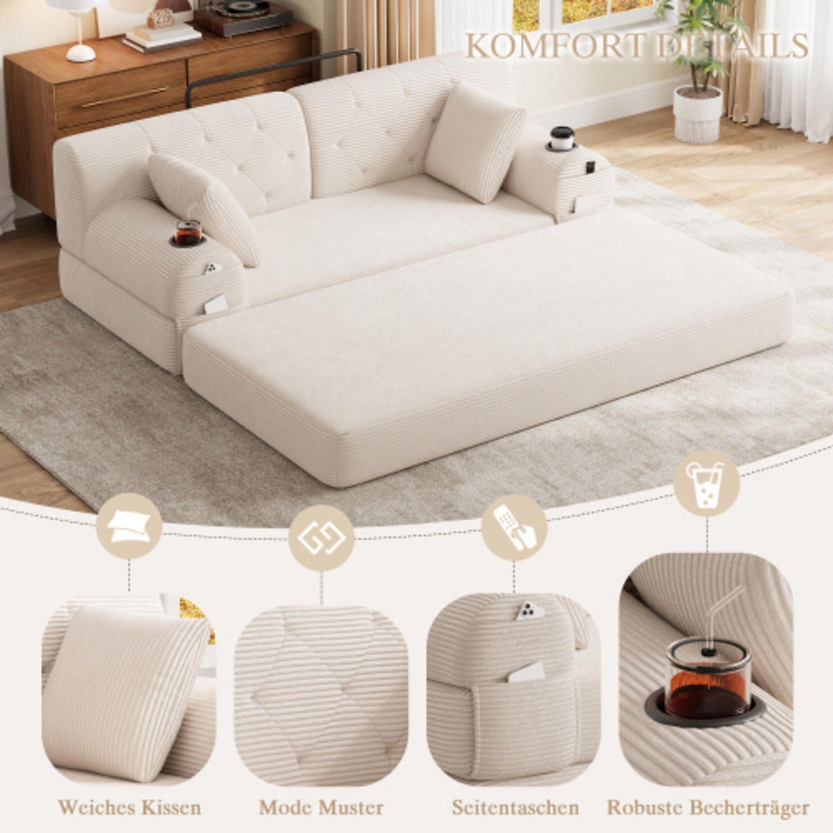 SCHLAFSOFA mit Metallrahmen beige 168×80×81 cm aus Cordstoff - Beige, Textil (80/81/168cm) - Luhomfu