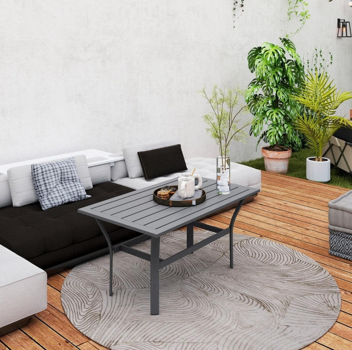 GARTEN-BEISTELLTISCH 91,5/55/45 cm aus Metall mit Latten-Design und wetterfester Oberfläche, Dunkelgrau - Naturfarben, Metall (91.5/55/45cm) - Redom