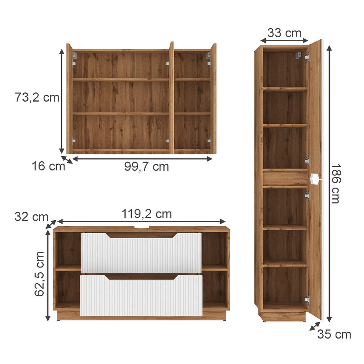 BADMÖBEL-SET Lotta Eiche/weiß gestreift 3 Teile - Eichefarben/Weiß, Holzwerkstoff (119.2/62.5/35cm) - Vicco