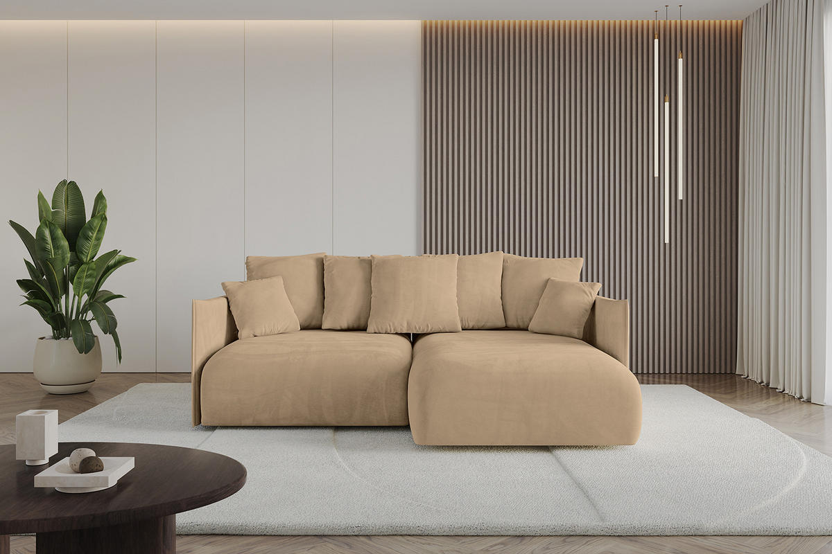ECKSOFA Ottomane rechts ONESK-L 216x177x72 Beige Velours - Beige, Holzwerkstoff/Kunststoff (177/216cm) - ALTDECOR