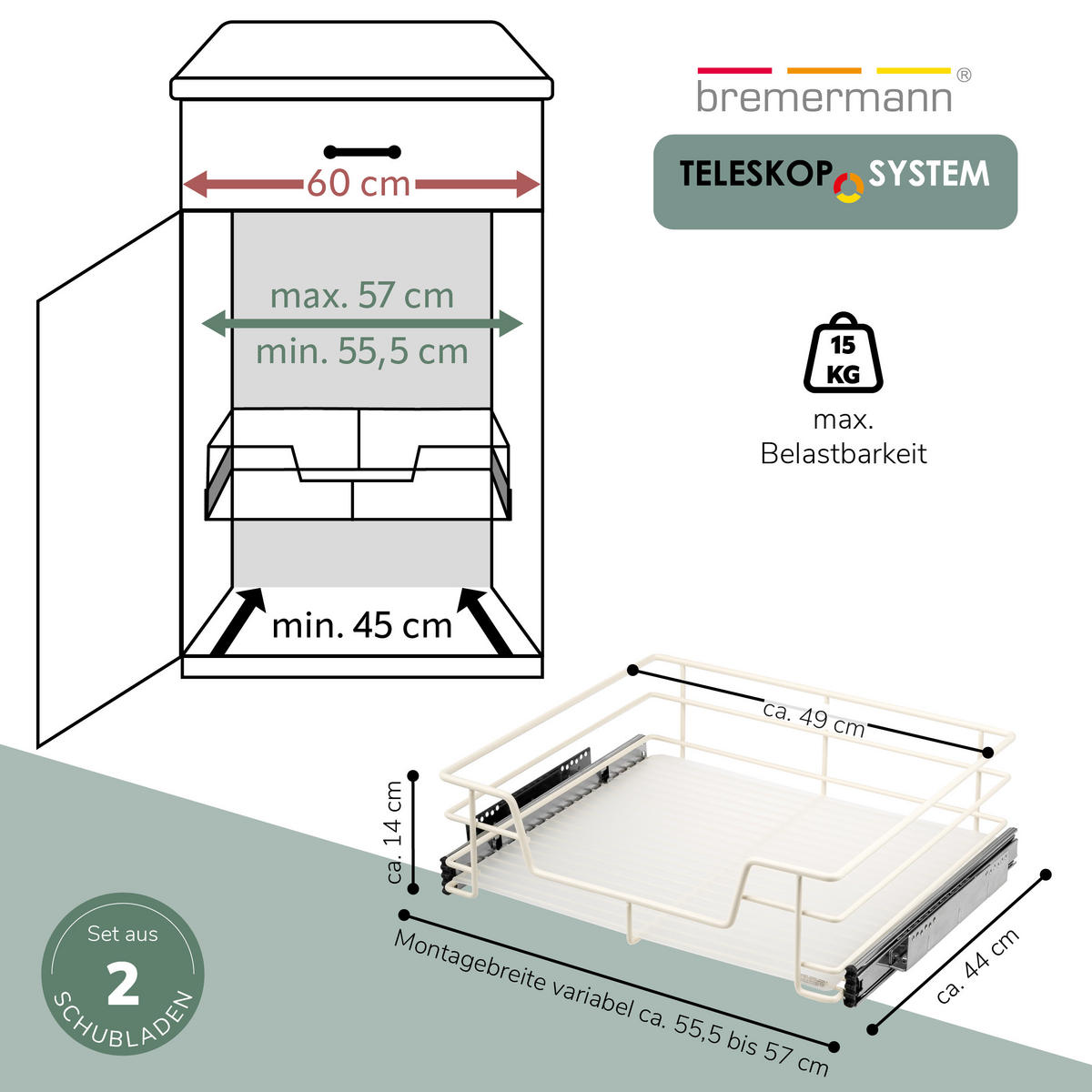 TELESKOPSCHUBLADEN (2er Set), für 60 cm Schrank, Metall, Cremeweiß - Chromfarben, Metall (57/14/44cm) - bremermann