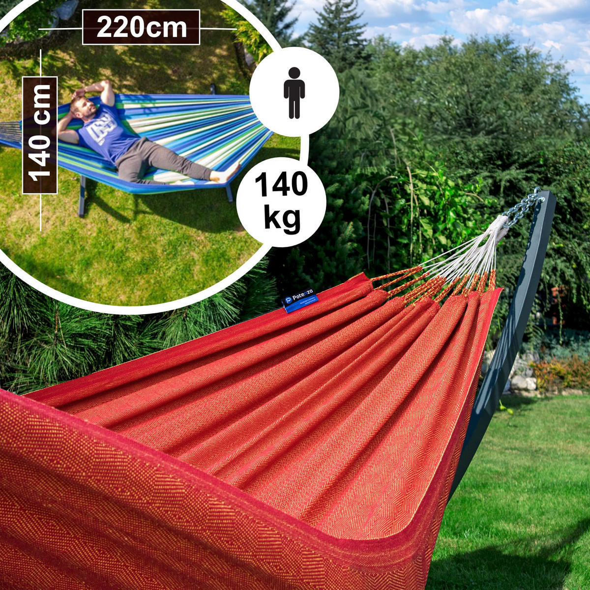 HÄNGEMATTE mit Gestell, 2 Personen, XL, 140 kg, Metall, Medelin Blau, einfache Montage - Blau, Metall (370/130/120cm) - Potenza