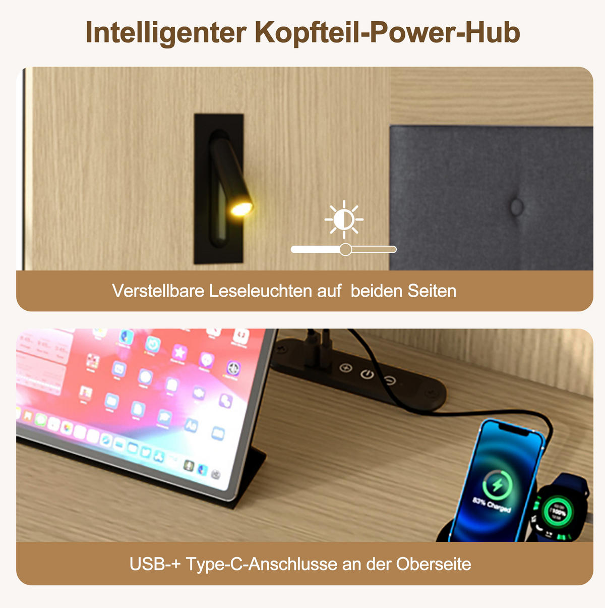 BETT 160/200 cm helle Eiche aus MDF mit 2 Nachttischen, USB- und Typ-C-Anschlüssen - Eichefarben, Holzwerkstoff (180/200cm) - OKMYHOME