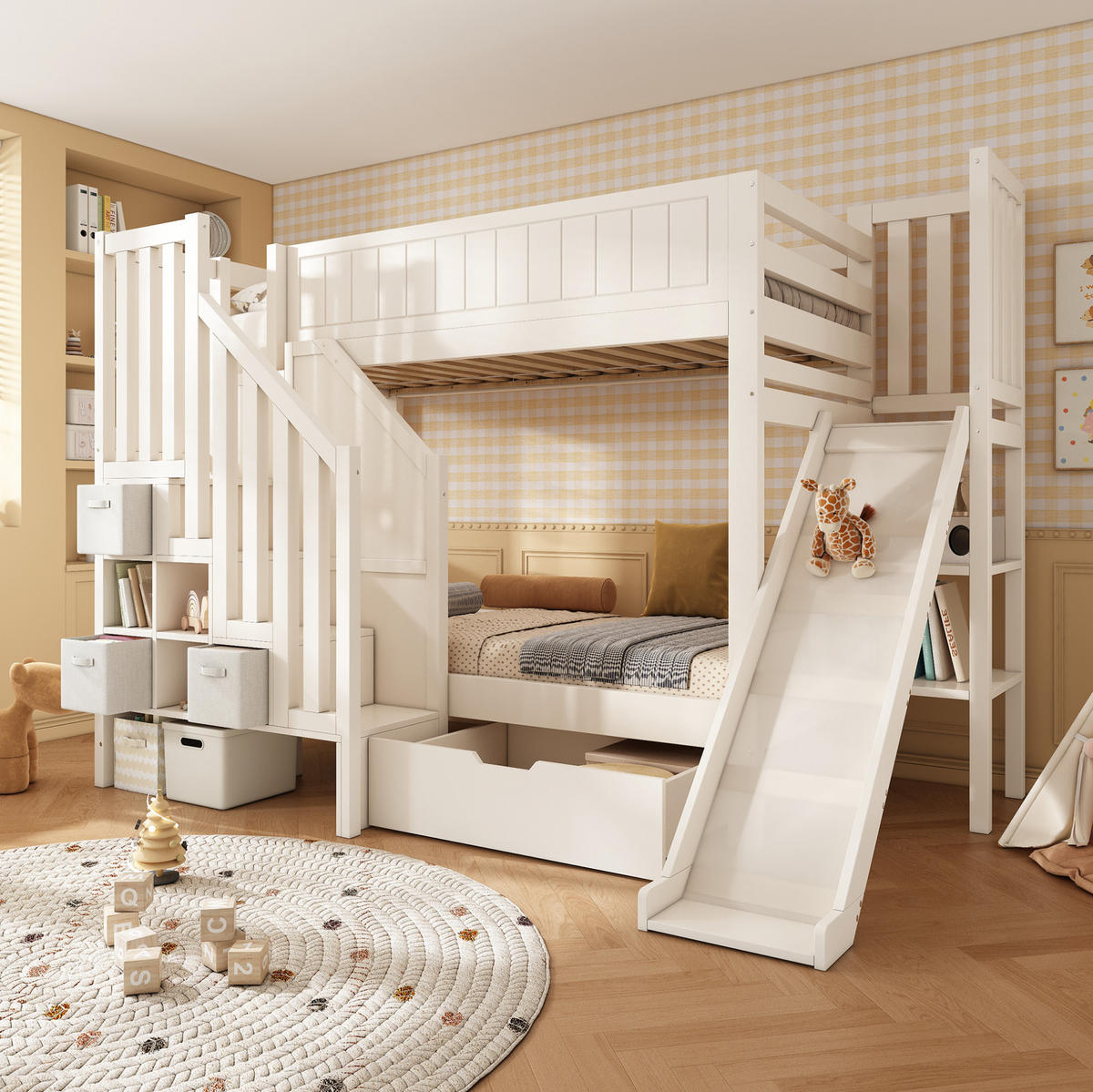 ETAGENBETT 90/200 cm Weiß mit Rutsche, Schubladen und Regalen ohne Matratze - Weiß, Holz (90/200cm) - MIVRAY