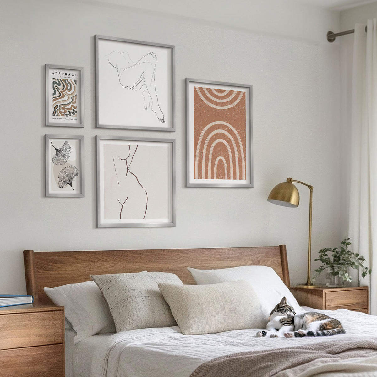 BILDER SET 5er Set - 50x50 cm & 20x30 cm & 40x60 cm Silberner Rahmen - Abstrakte Boho-Blattformen - Silberfarben, Kunststoff (40/60cm) - TULUP