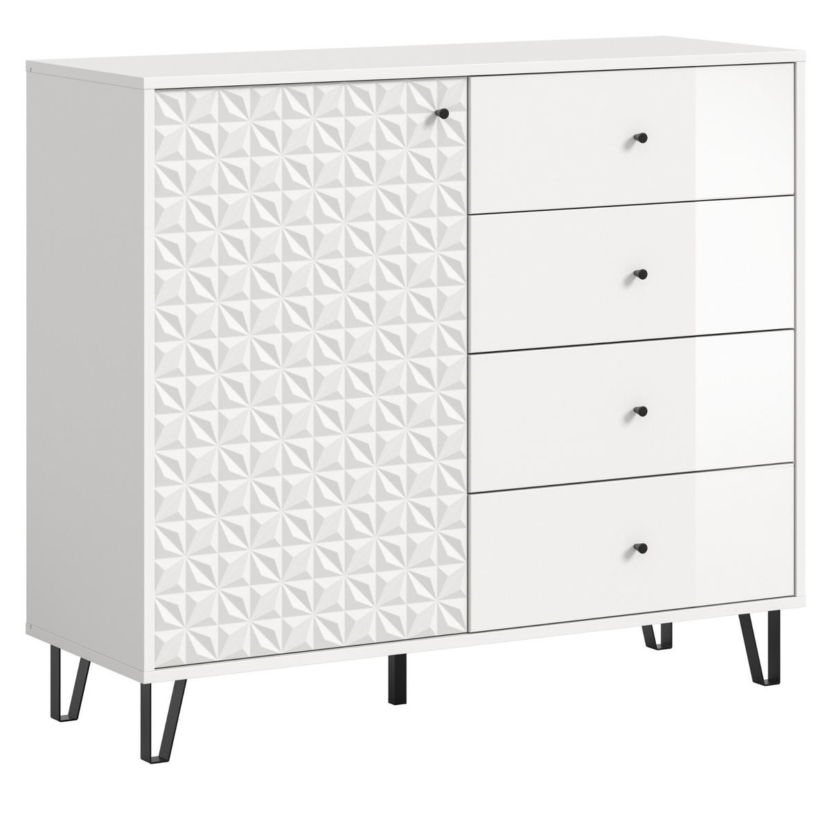 KOMMODE weiß Hochglanz 110 x 96 cm, Sideboard mit 3D-Struktur - Weiß Hochglanz/Schwarz, Holzwerkstoff/Kunststoff (110/96/40cm) - Inn.Furn