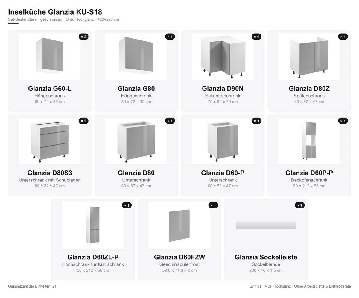 INSELKÜCHE 420x220 cm Glanzia – KU-S18 – Grau – Hochglanz - Grau, Holzwerkstoff (420/212/220cm) - hi-markt