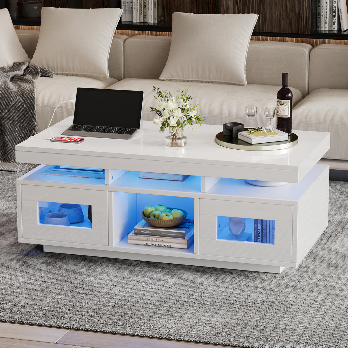 COUCHTISCH 100/50 cm mit LED-Beleuchtung und Ladeanschlüssen in Weiß - Weiß, Holzwerkstoff (100/50/43cm) - BEAOK