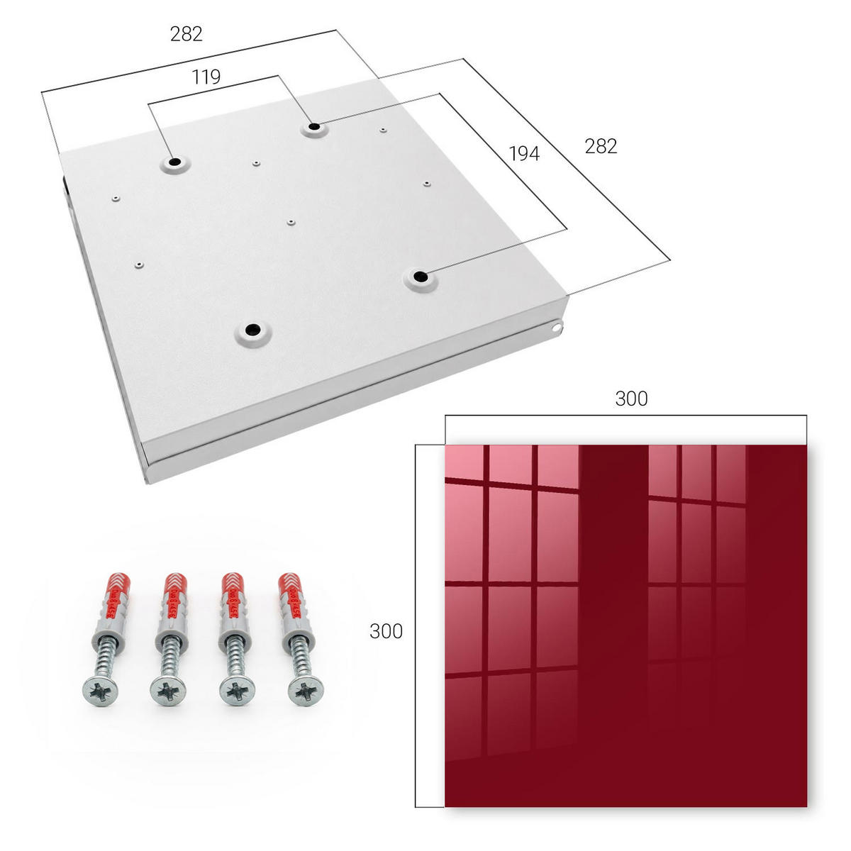 SCHLÜSSELBOX Weiß 30x30 cm – Türöffnung nach rechts - Kräftiges Burgunderrot - Bordeaux, Metall (30/30/5cm) - TULUP
