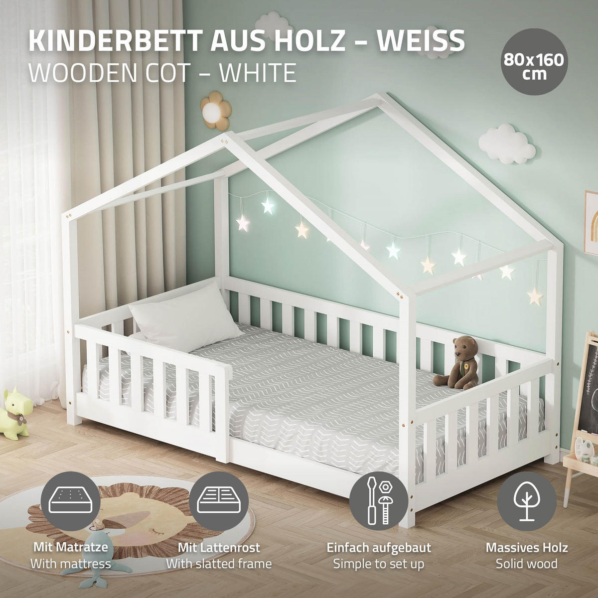 HAUSBETT mit Matratze 80x160 cm Weiß aus Kiefernholz mit Rausfallschutz - Weiß, Holz (80/160cm) - ML-DESIGN