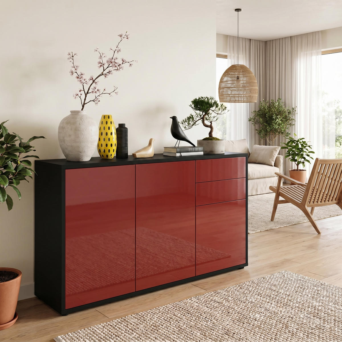 KOMMODE Ben Front in Bordeaux Hochglanz - Bordeaux, Holzwerkstoff (117/74/36cm) - Vladon