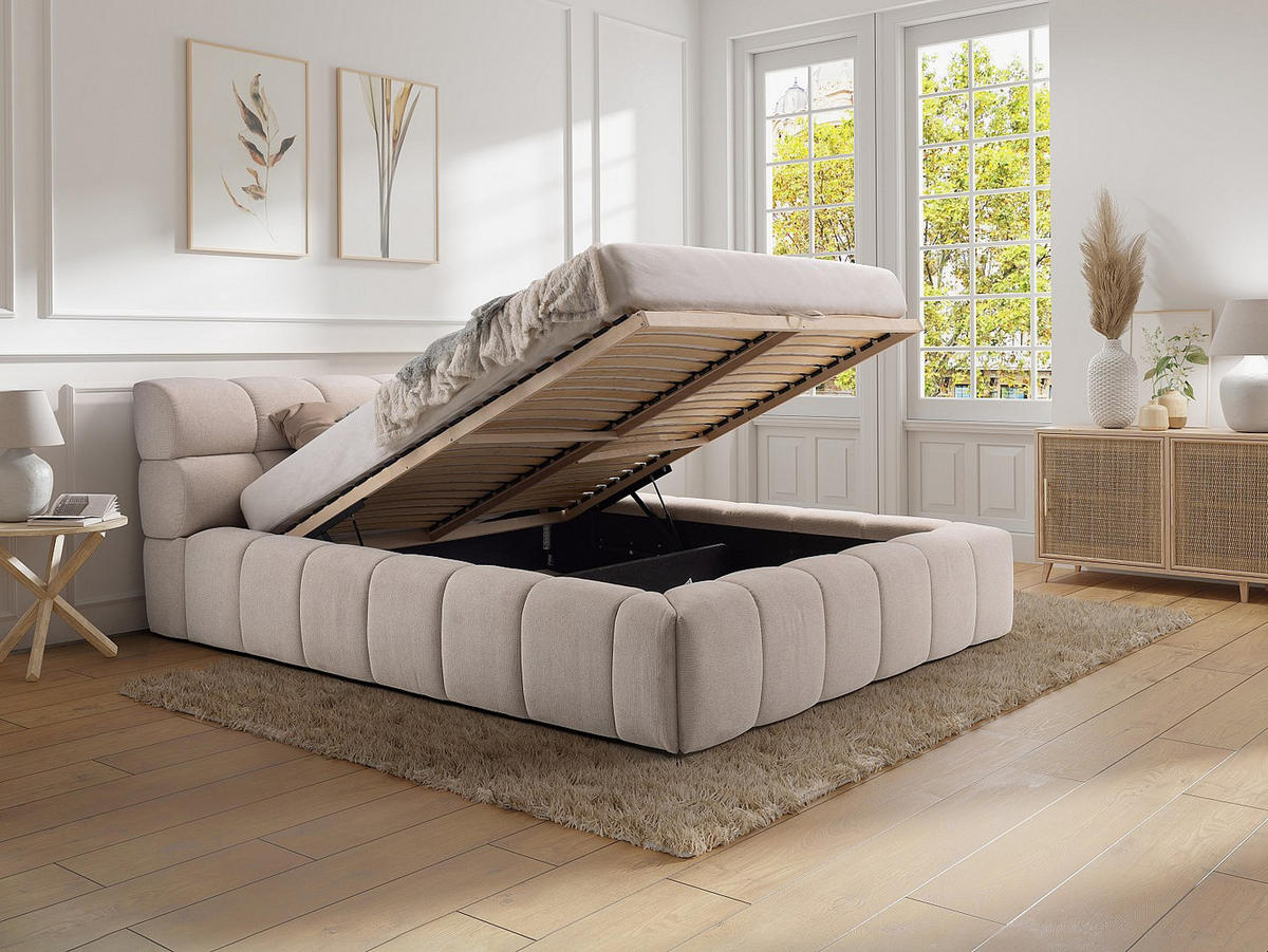 BETT mit Bettkasten - 2 Personen - Stoff - Beige - - Beige, Textil (200/200cm) - Vente-Unique